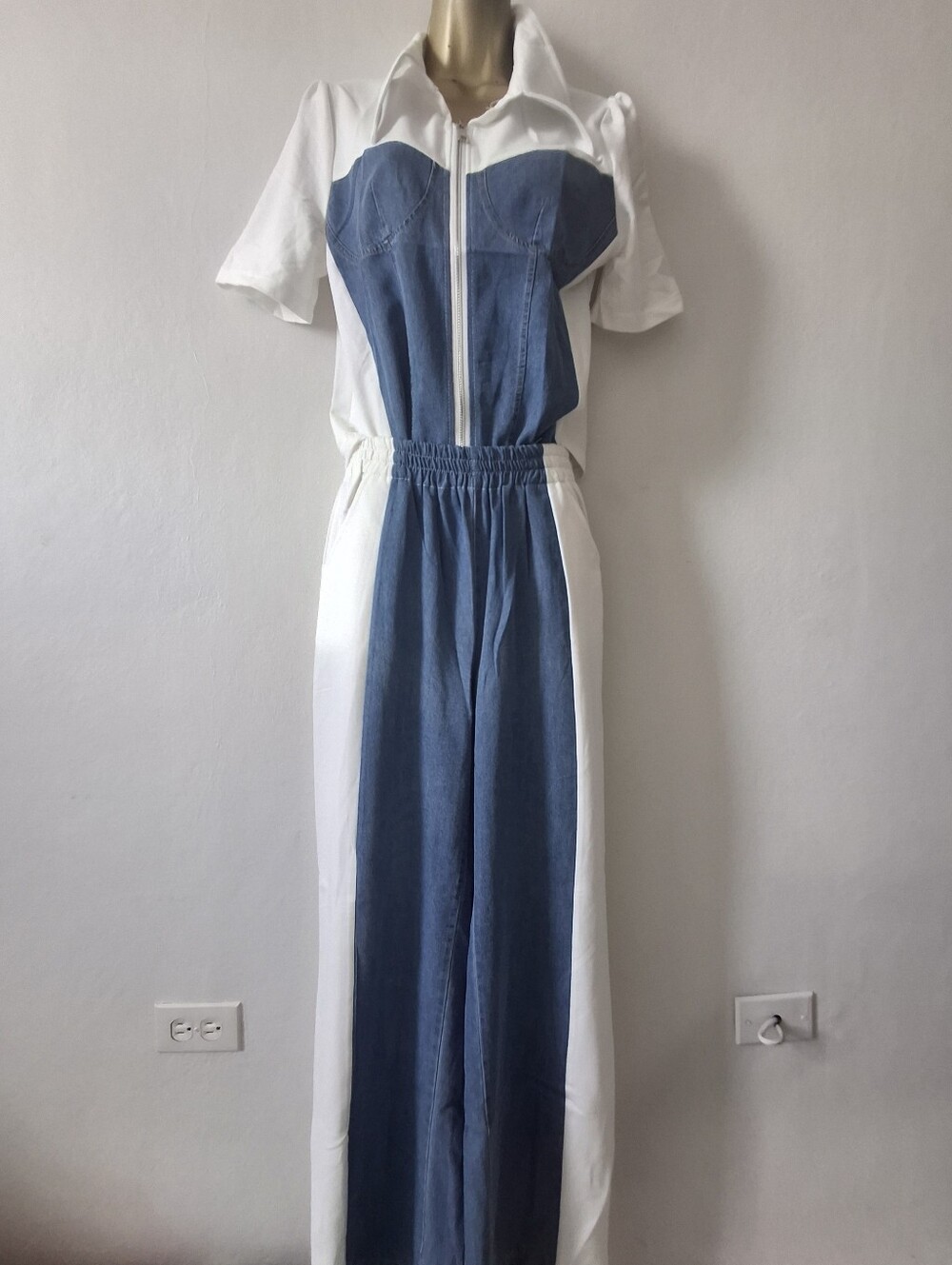 White and Blue Two-Tone Jeans Two Piece Pant Set